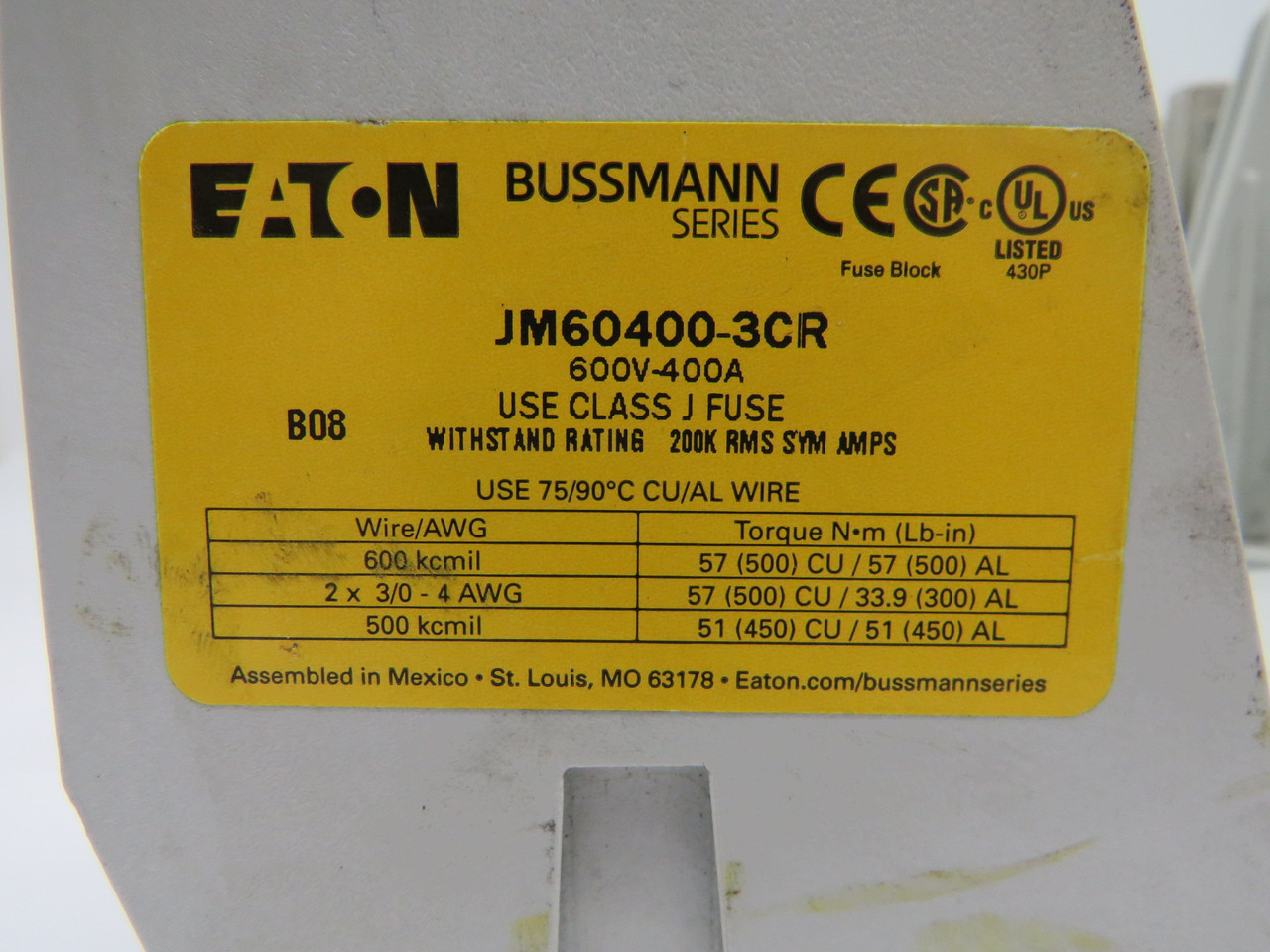 Eaton Bussmann JM60400-3CR Modular Fuse Block 400A 600V 3P SHELF WEAR/DIRT NOP
