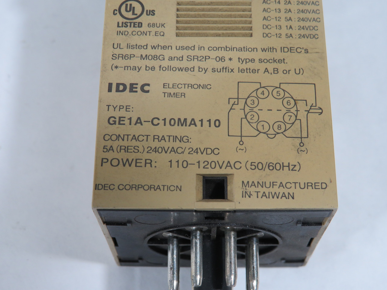 IDEC GE1A-C10MA110 On-Delay Timer 0.1-10sec/min 110/120V 50/60Hz 8-Pin USED