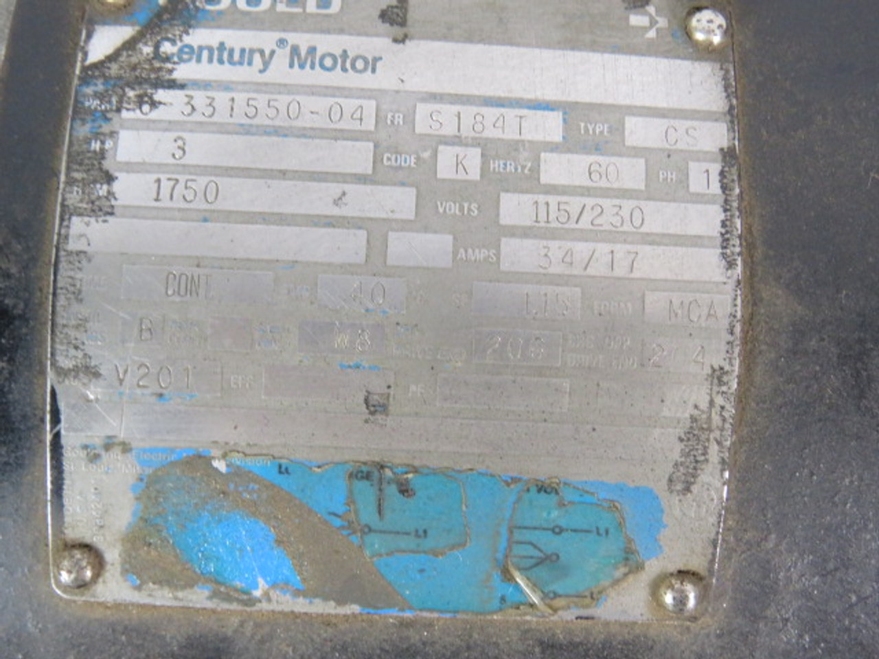 Century Motor 3HP 1750RPM 115/230V S184T TEFC 1Ph 34/17A 60Hz USED