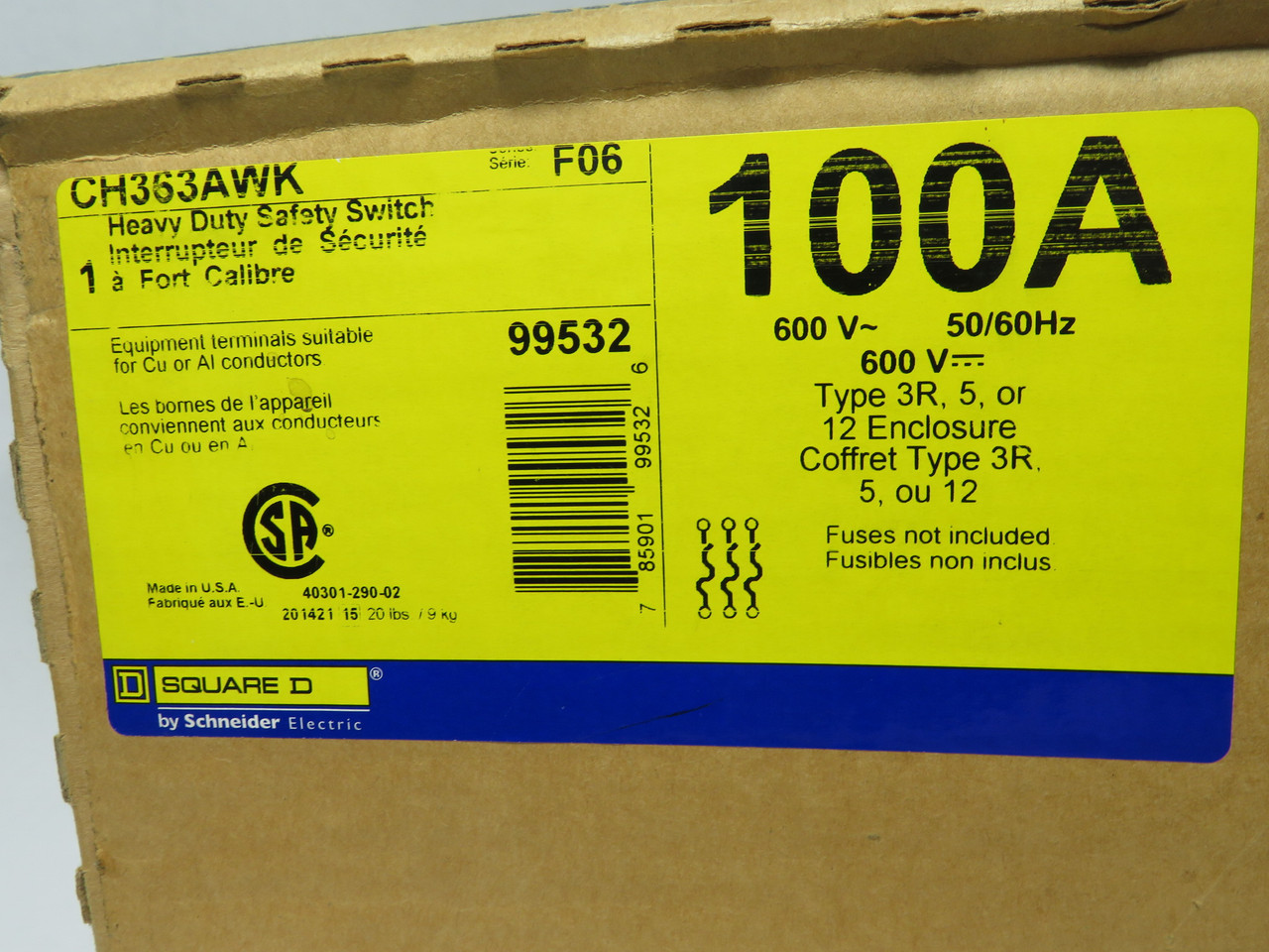 Square D CH363AWK Safety Switch 100A 600V 50/60HZ SEALED BOX DMG NEW