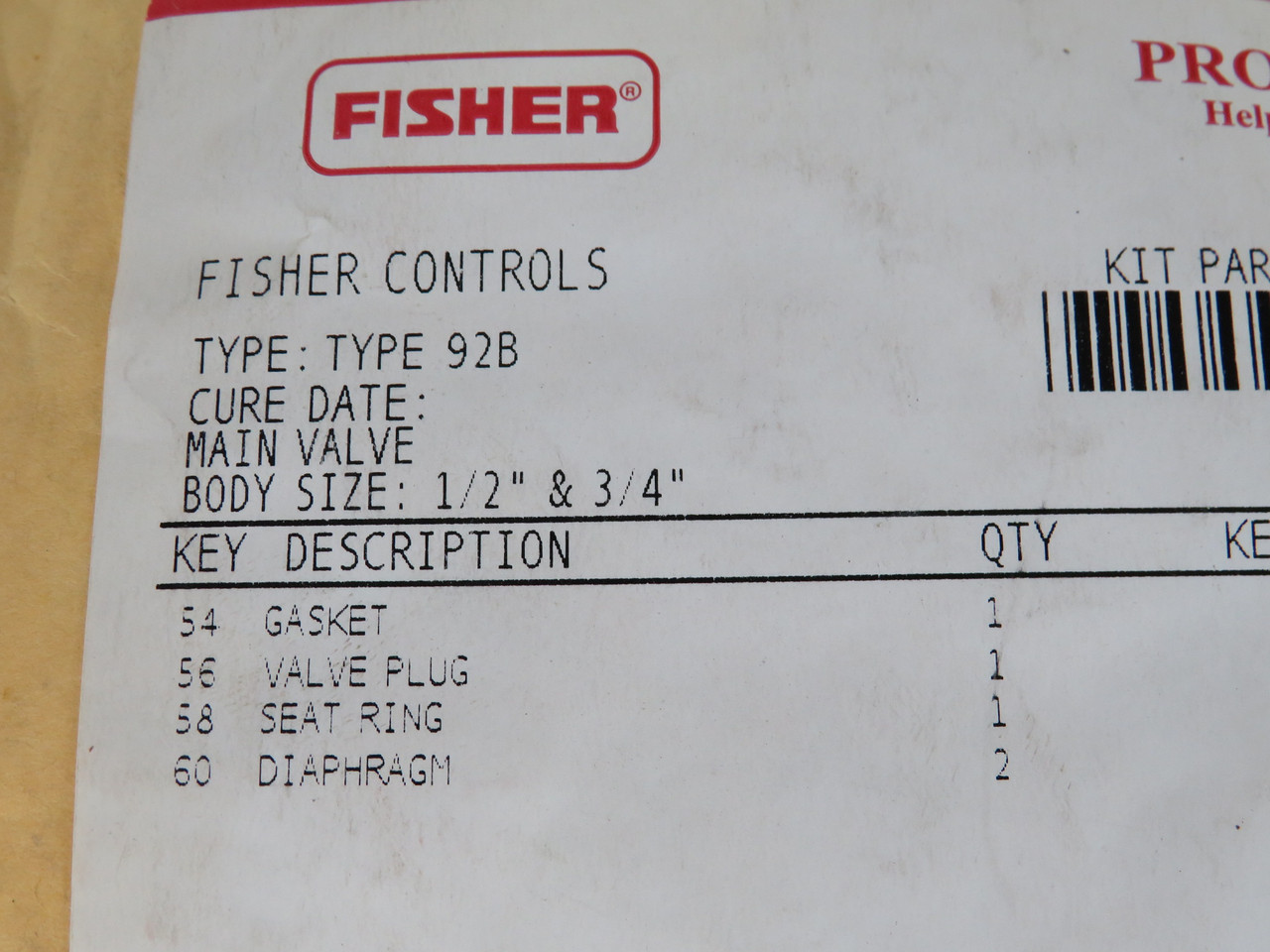 Fisher R92BX000012 Type 92B Valve Repair Kit 1/2" x 3/4" OPEN BAG NWB