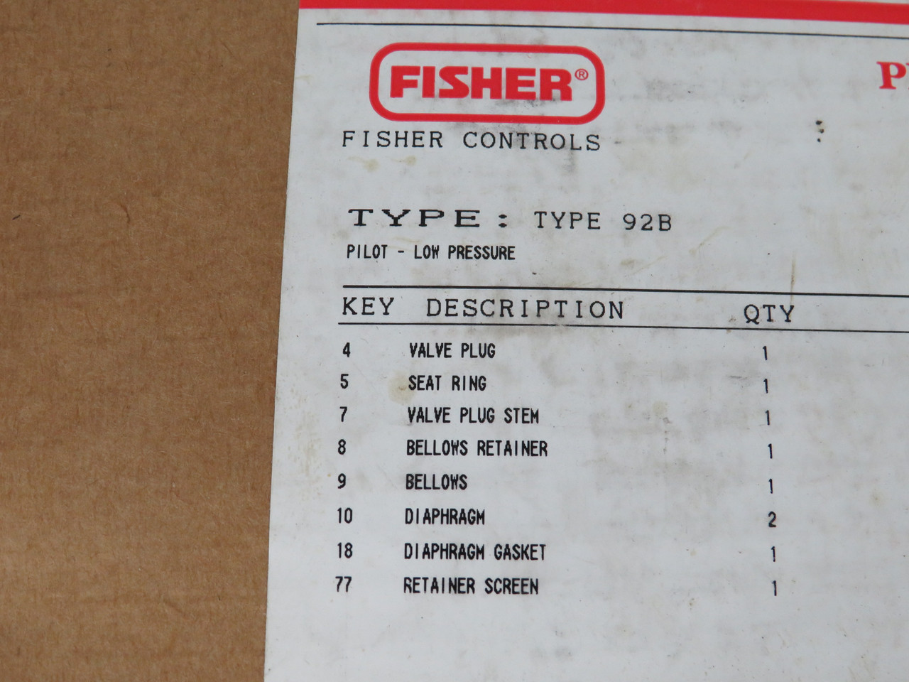 Fisher R92BLPX0012 Low Pressure Valve Repair Kit MISSING DIAPHRAGM & GASKET NEW