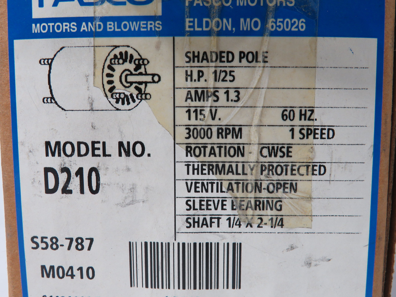 Fasco D210 Fan and Blower Motor 1/25HP 3000RPM 115V 3.3 OAO 1Ph 1.3A 60Hz NEW