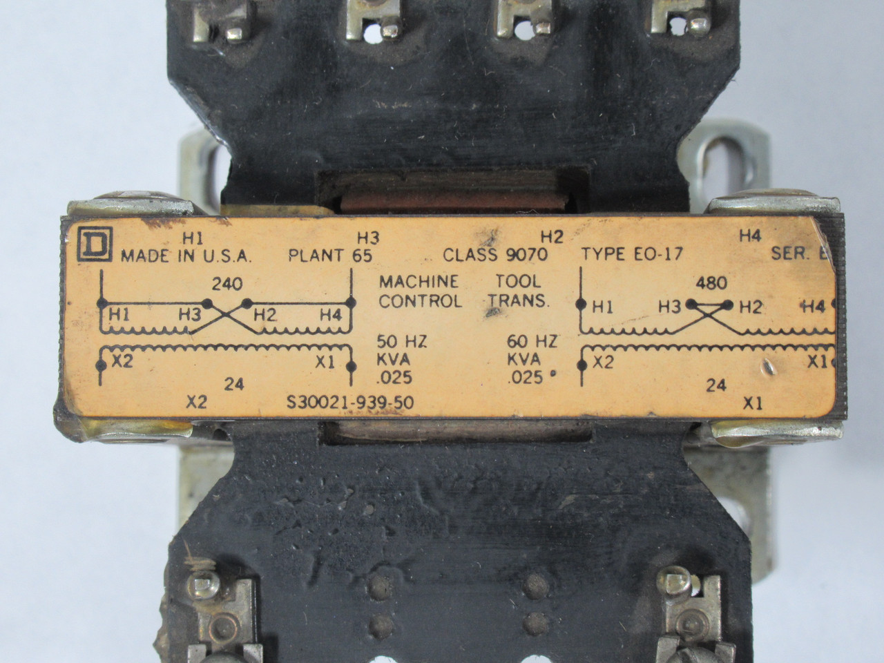Square D 9070-EO-17 Transformer 25VA Pri 240/480V Sec 24V 1Ph 50/60Hz USED