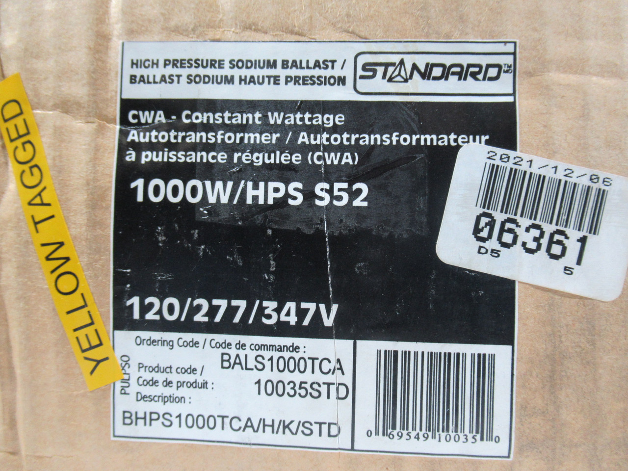 Standard BALS1000TCA/10035STD High Pressure Sodium Ballast 120/277/347V NEW