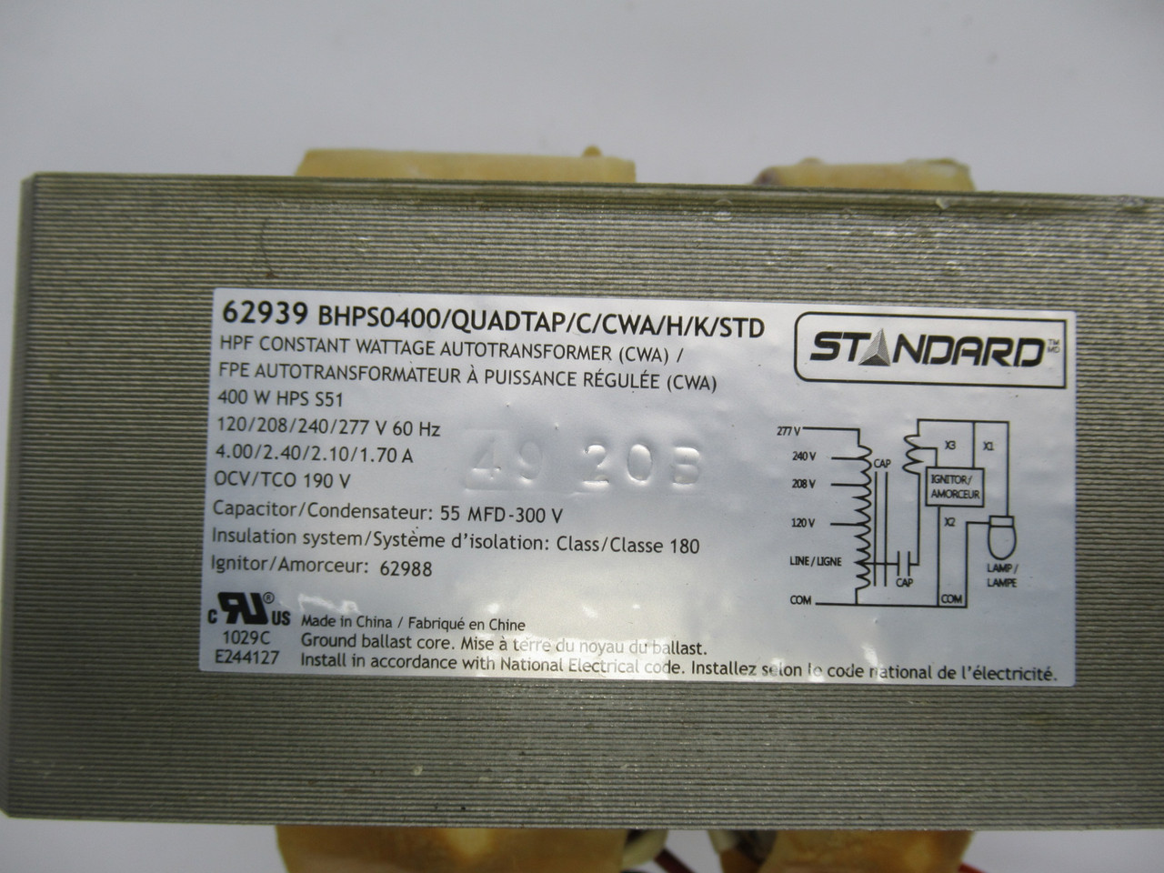Standard 62939 Magnetic HPS Ballast 120/208/247/277V 60Hz NOP