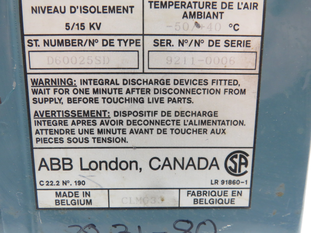 ABB D60025SD DSH Indoor Capacitor 600V 25kVAR 3Ph 60Hz USED