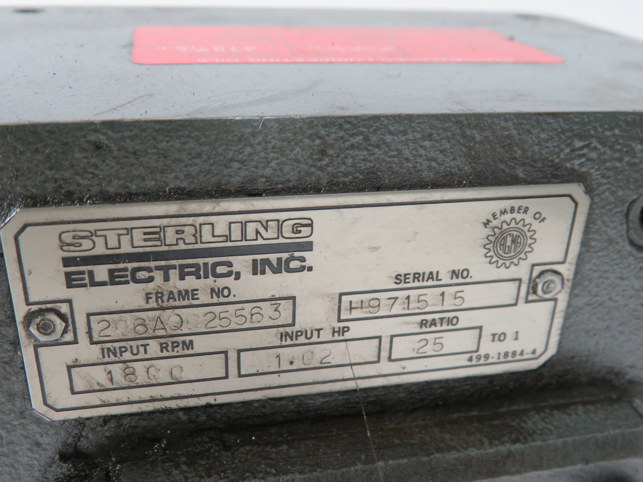 Sterling Electric 206AQ025563 Gear Reducer 25:1 Ratio 1.02HP@1800RPM USED