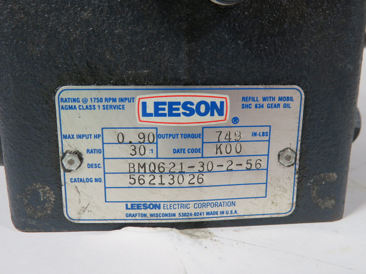 Leeson BMQ621-30-2-56 Gear Reducer 30:1 Ratio 759lb-in 0.90HP@1750RPM USED