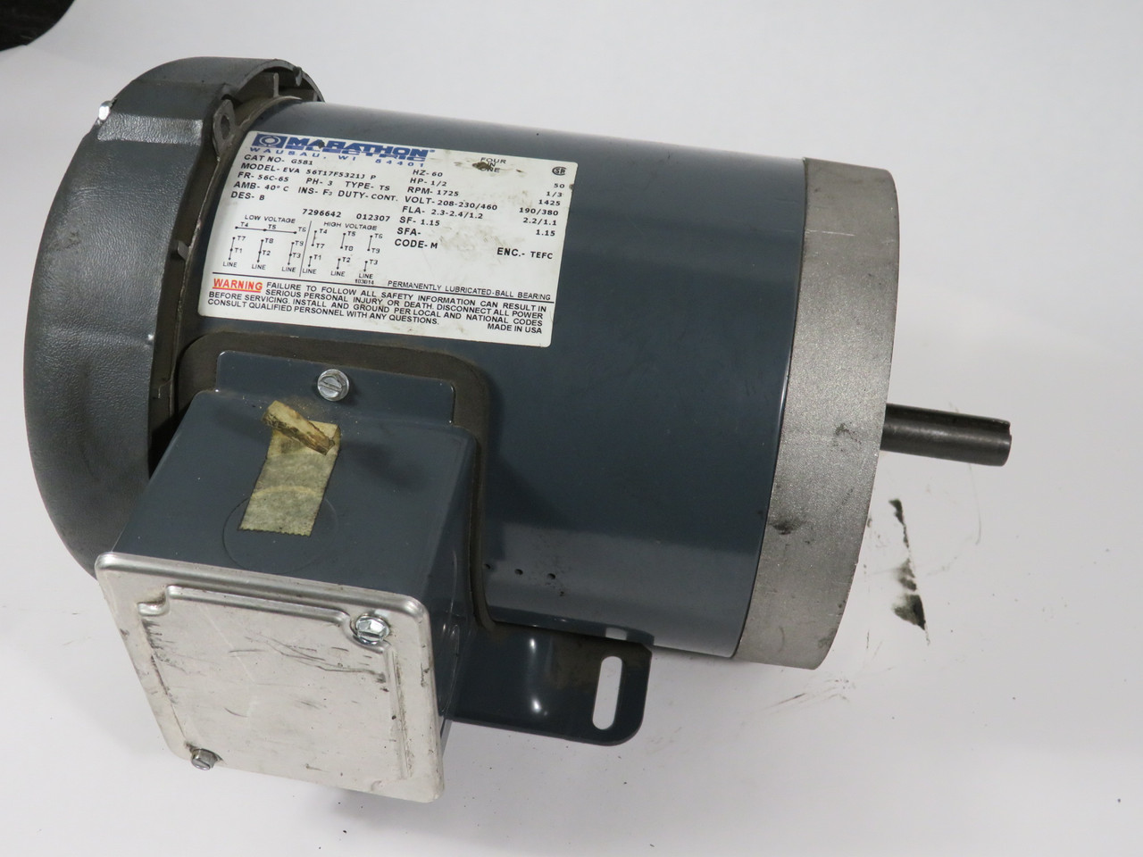 Marathon 56T17F5321J Motor 1/2HP 1725RPM 208-230/460V 56C-65 TEFC 3Ph 60Hz NOP