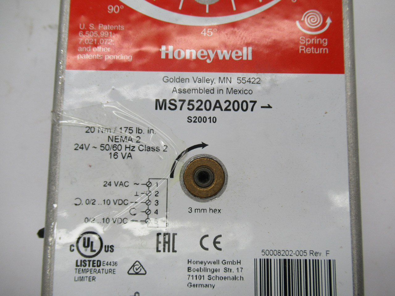 Honeywell MS7520A2007 Direct Coupled Actuator Spring Return 24VAC 50/60Hz NEW