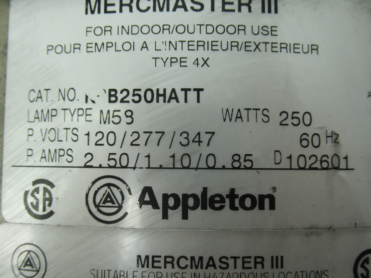 Appleton Mercmaster III KPB250HATT Ballast Housing Light w/ Cover NO BULB USED