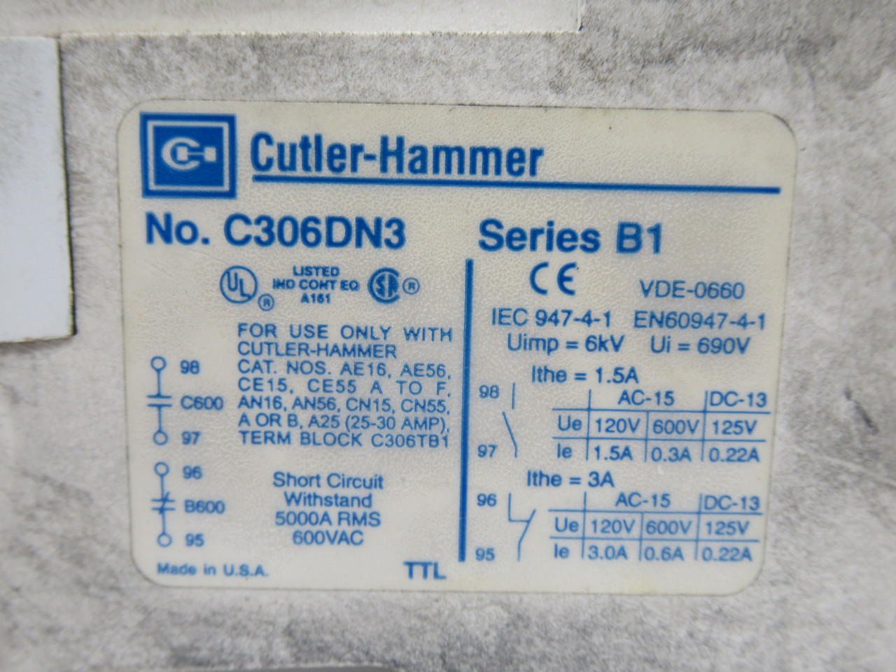 Cutler-Hammer C306DN3 Thermal Overload Relay 600V 3P USED