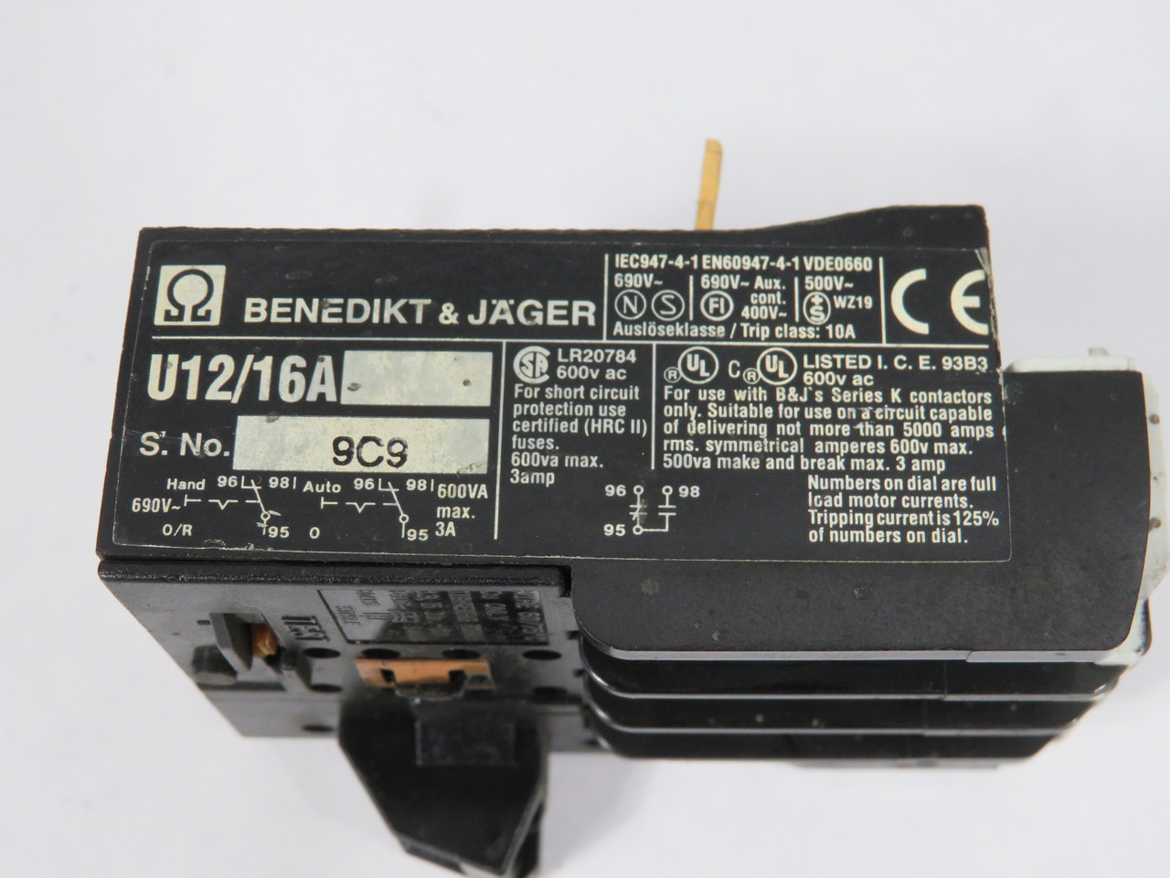 Benedikt & Jager U12/16A-1.8 Thermal Overload Relay 1.2-1.8A 690V USED
