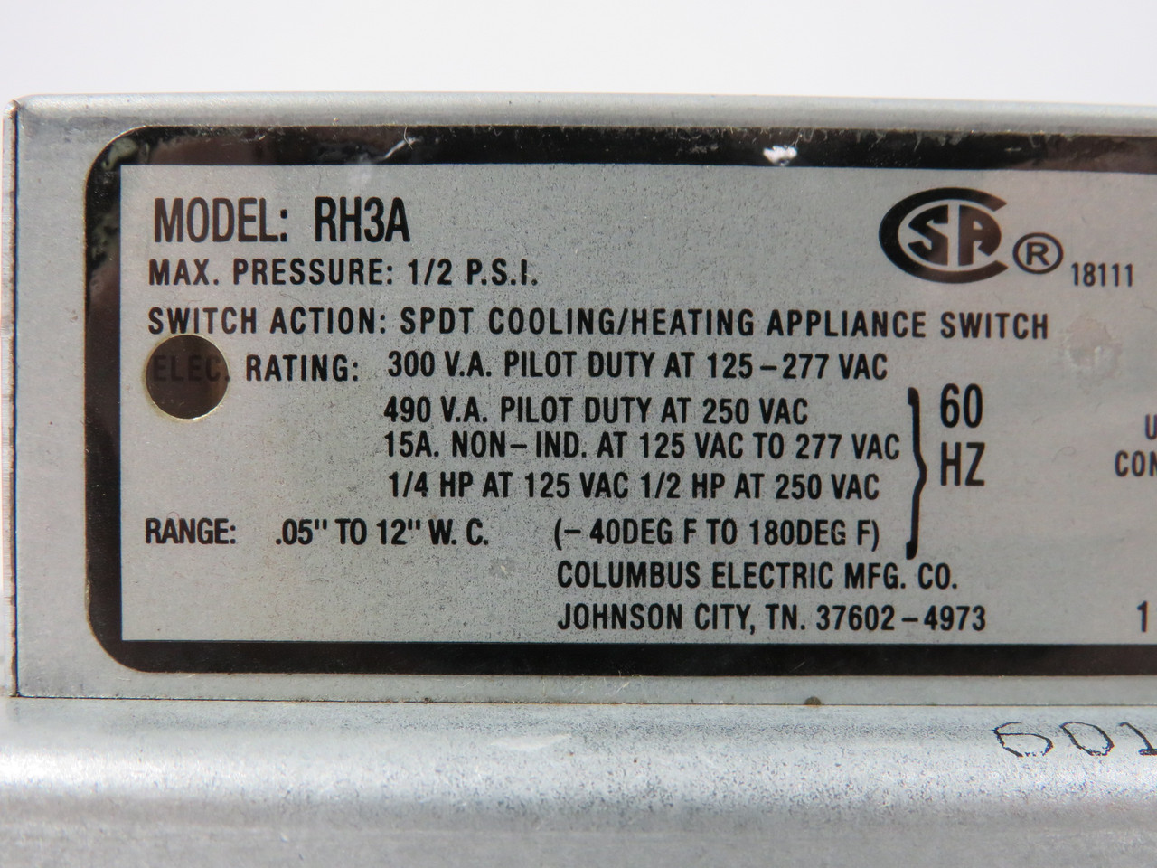 Columbus Electric RH3A Air Flow Switch 0.05-12" W.C. 1/2 psi SHELF WEAR NEW