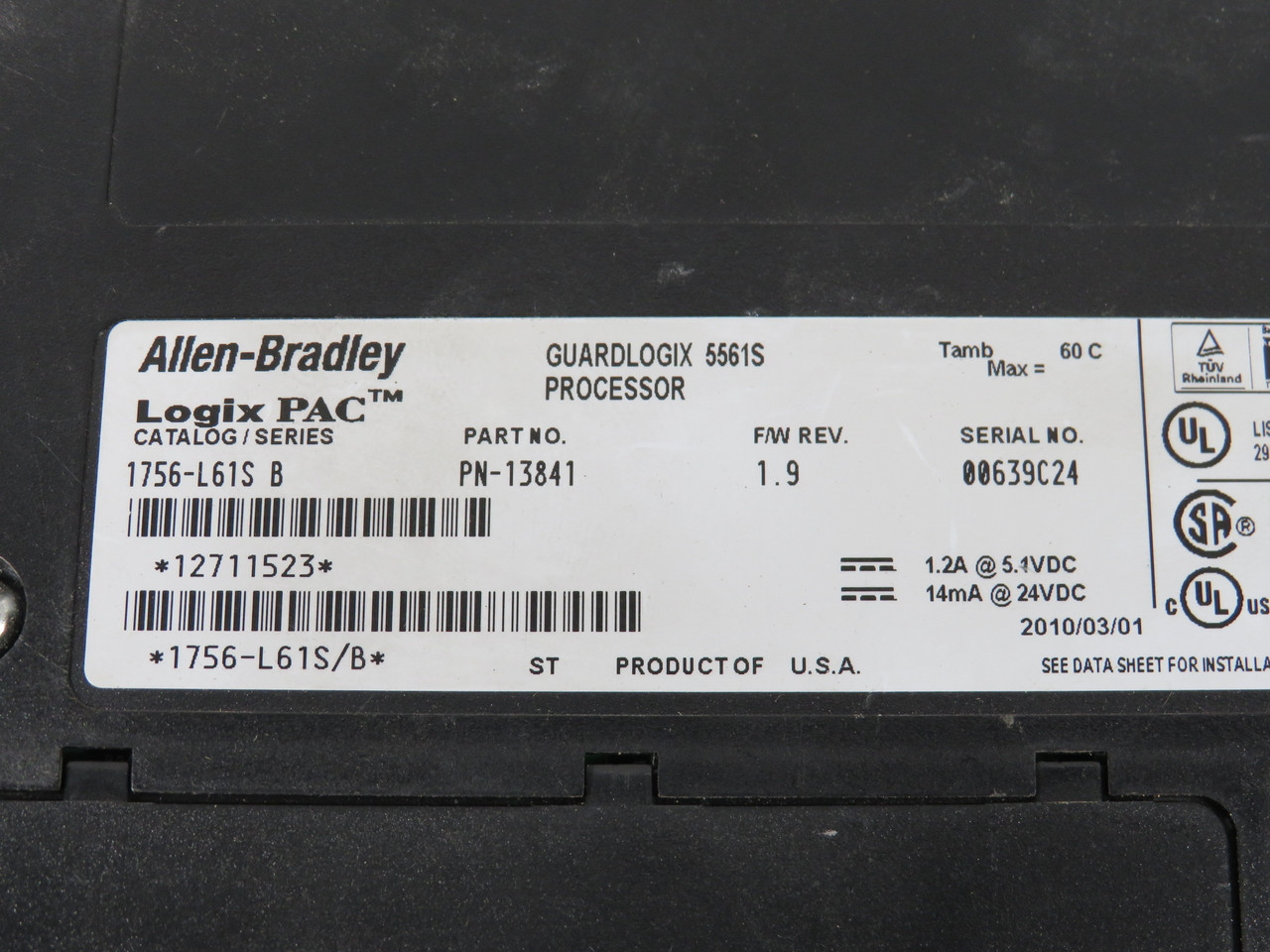 Allen-Bradley 1756-L61S GuardLogix Controller 1.2A@5.1VDC 14mA@24VDC USED