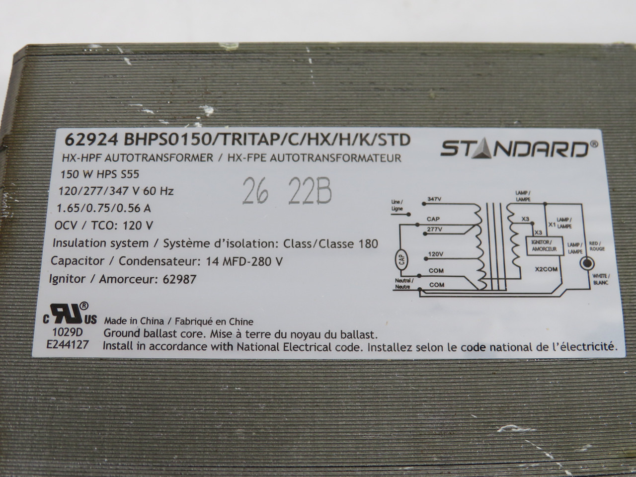 Standard BHPS0150/TRITAP/C/HX/H/K/STD HPS Ballast 120/277/347V 60Hz BOX DMG NEW