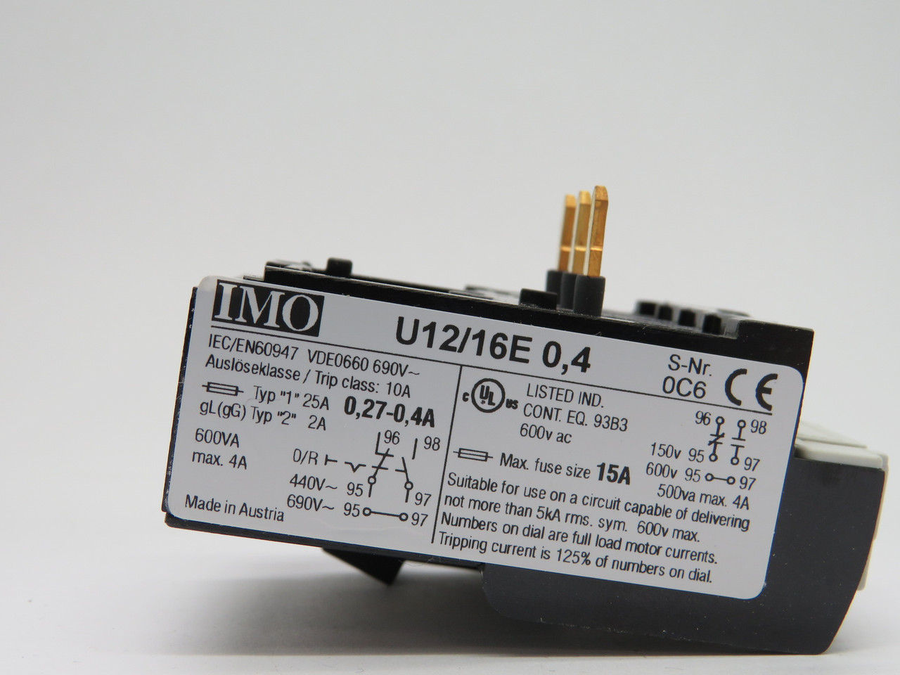 IMO U12/16E0.4 Thermal Overload Relay 0.27-0.4A NEW