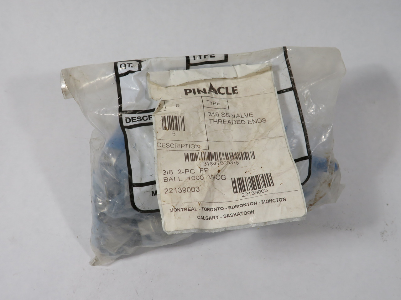 PinAcle 316VTB20375 2-Piece Ball Valve 3/8" FNPT 1000 WOG 316 SS 6-Pack NWB