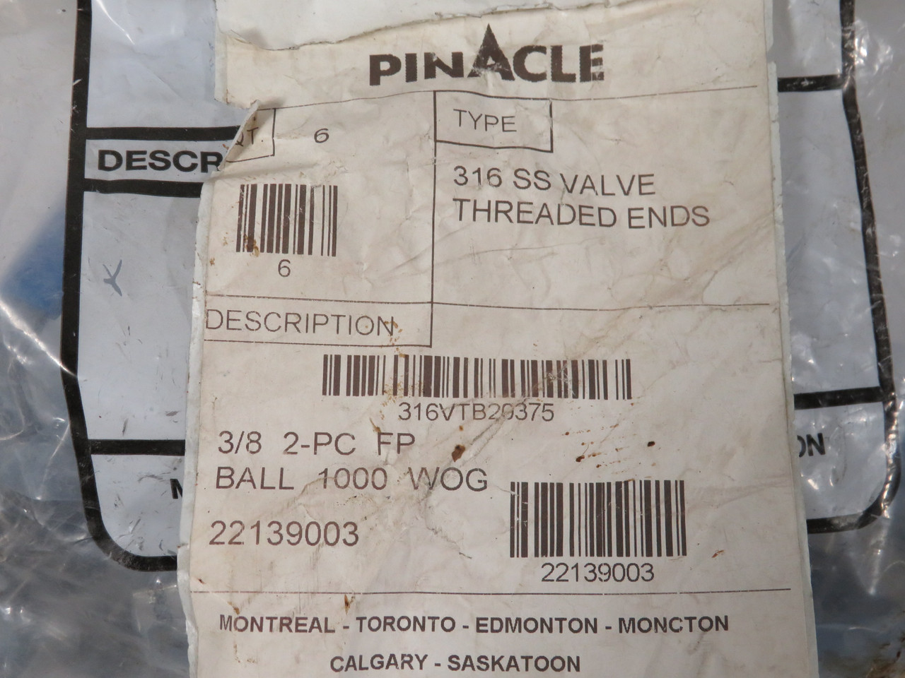 PinAcle 316VTB20375 2-Piece Ball Valve 3/8" FNPT 1000 WOG 316 SS 6-Pack NWB