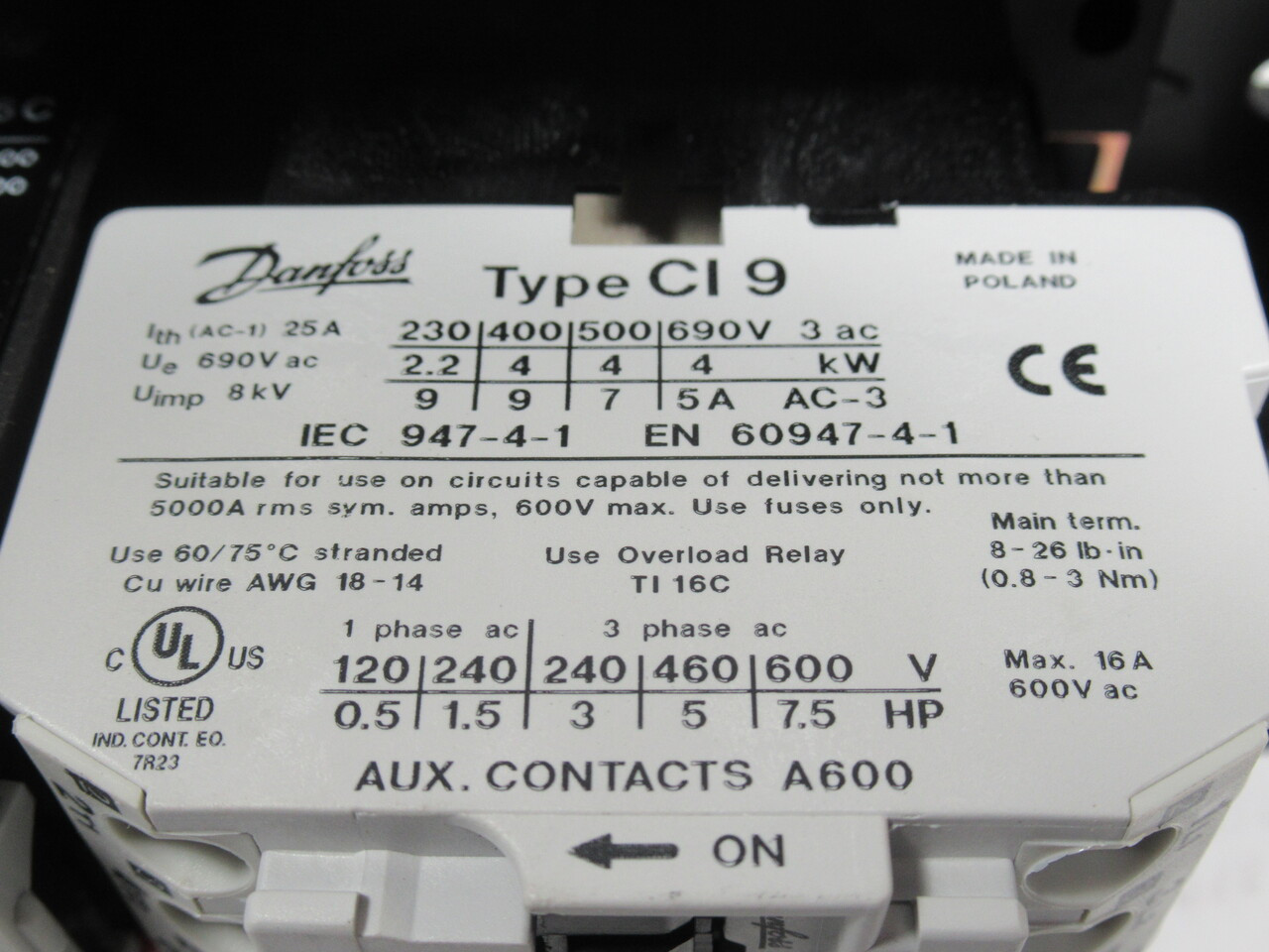 Danfoss DOL Starter CI 9 500/600V 50/60Hz 6.0-9.2A Start/Stop/Reset Metal SW NOP
