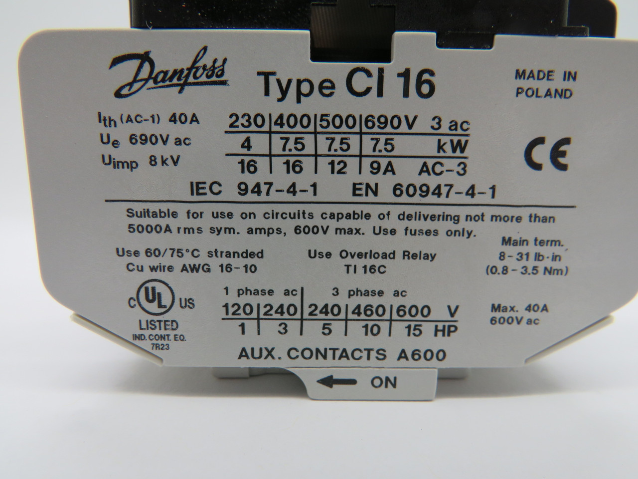 Danfoss 037H0041-23 Contactor CI 16 110V/50Hz 110V/60Hz 16A 3 NO NEW