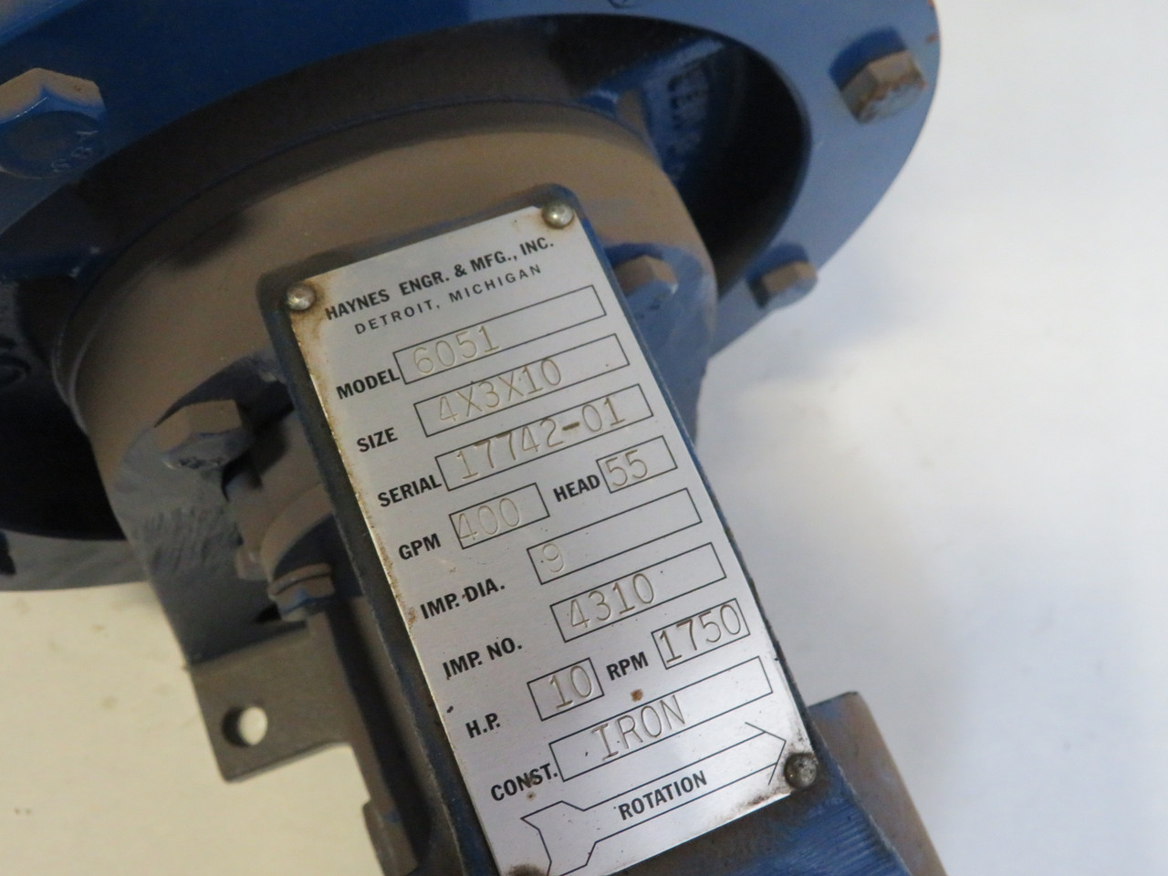 Haynes Engr & MFG Inc 6051 Pump Size 4x3x10 Iron USED