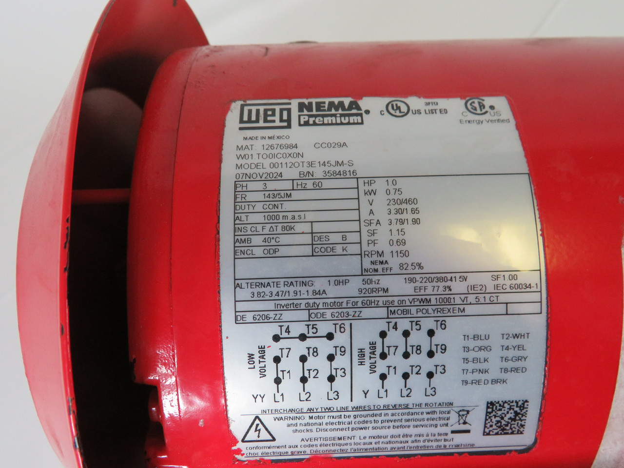 WEG 1HP 0.75kW 1150RPM 230/460V 143/5JM ODP 3Ph 3.30/1.65A 60Hz USED