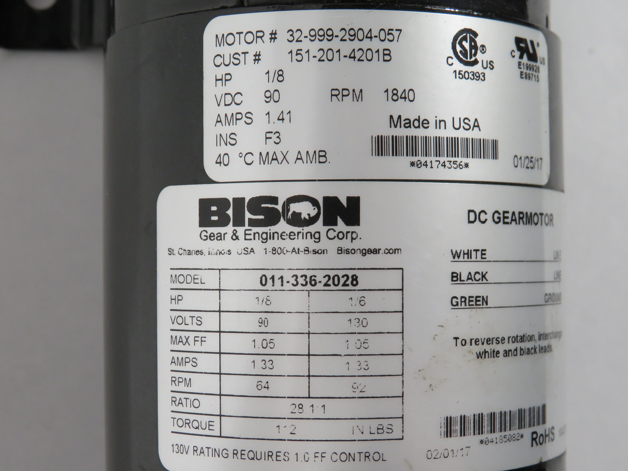 Bison 011-336-2028 DC Gearmotor 28.1:1 112 in-lbs 1/8HP 64RPM 90VDC 1.33A USED