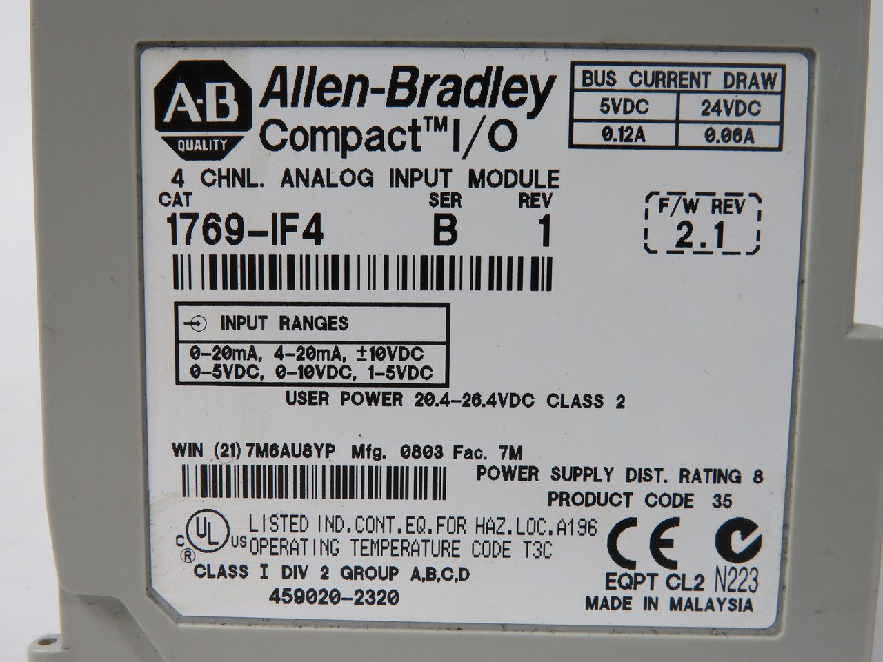 Allen-Bradley 1769-IF4 Series B Analog Input Module 4-Channel 5VDC NO DOOR USED