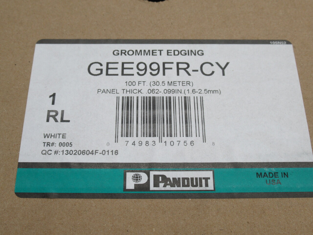 Panduit GEE99FR-CY Grommet Edging 0.062-0.099" Thick 100Ft White NOP