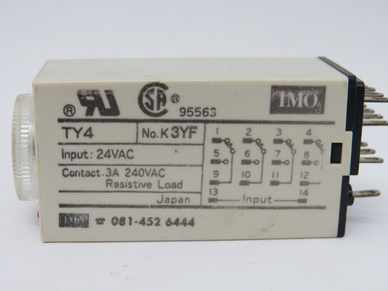 IMO TY4-24AC On-Delay Timer 24VAC 0.1Sec-100Hrs 3A 240VAC 14-Blade USED