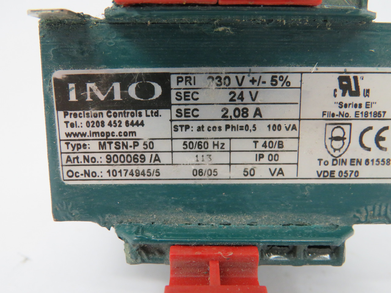 IMO 900069/A MTSN-P50 Transformer 50VA Pri. 230V +/- 5% Sec. 24V 2.08A USED
