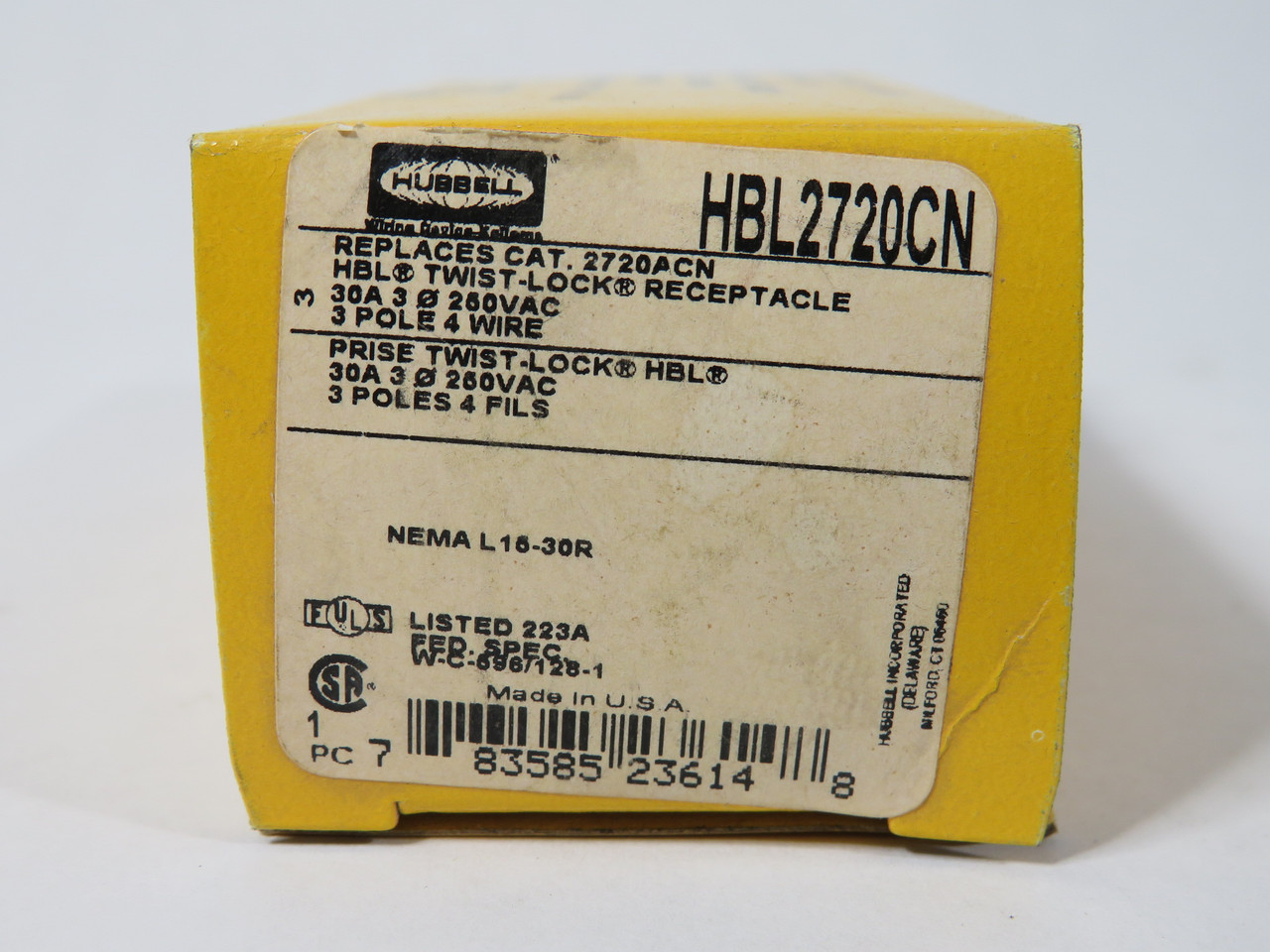 Hubbell HBL2720CN Twist-Lock Receptacle 30A 250V 4W 3P NEMA L15-30R NEW