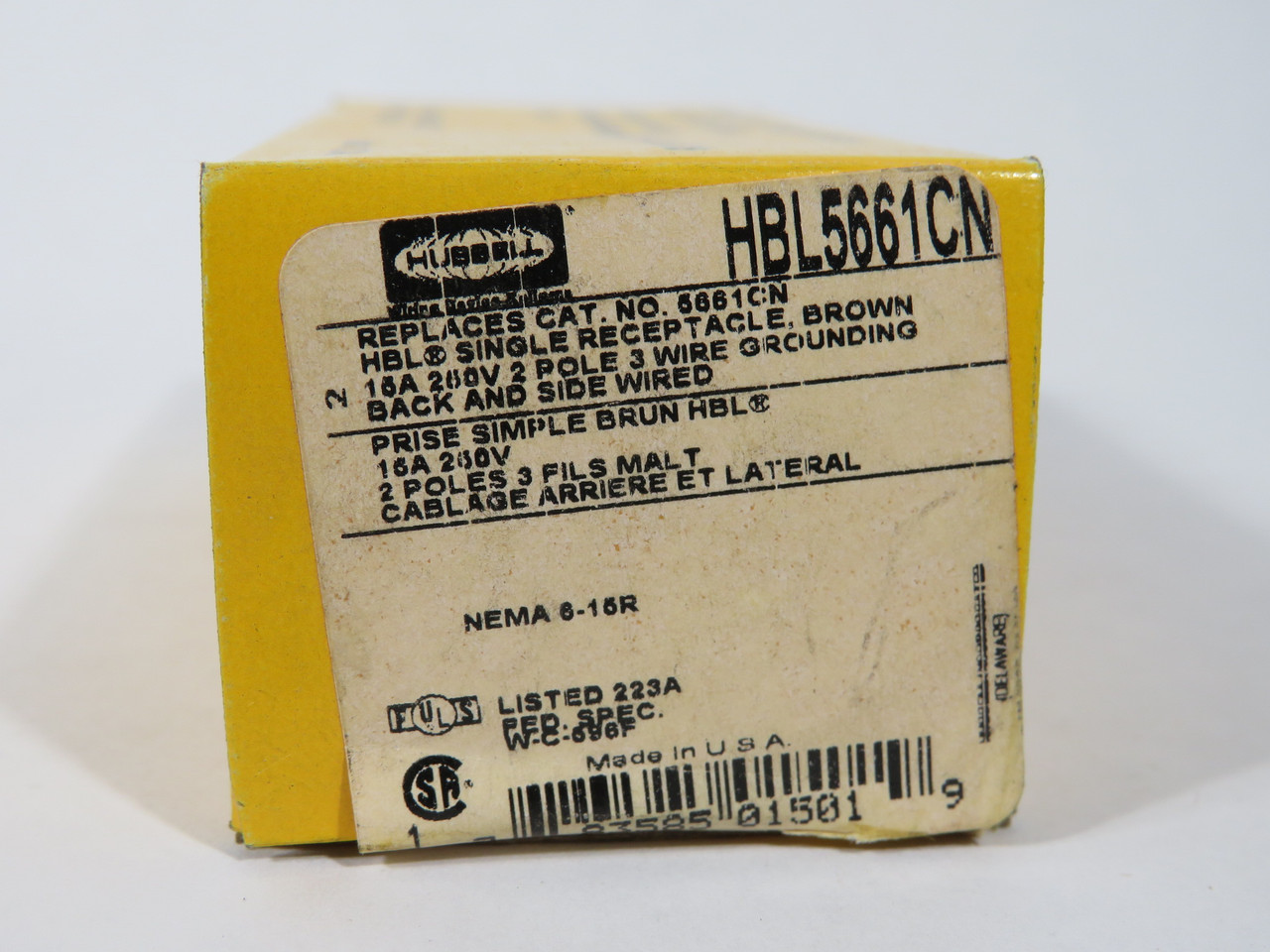 Hubbell HBL5661CN Single Receptacle 15A 250V 3W 2P NEMA 6-15R Brown NEW