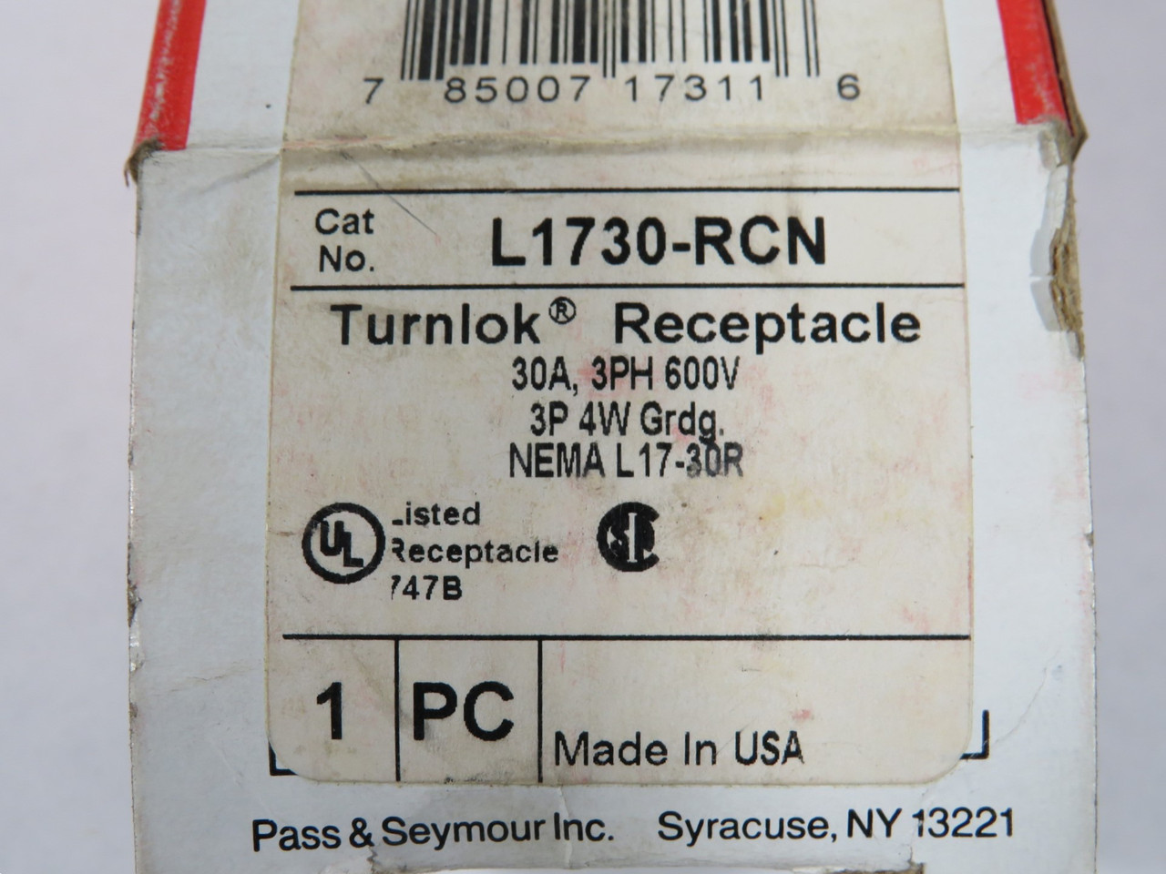Pass & Seymour L1730-RCN Turnlok Receptacle 30A 600V 4W 3P MISSING HARDWARE NEW