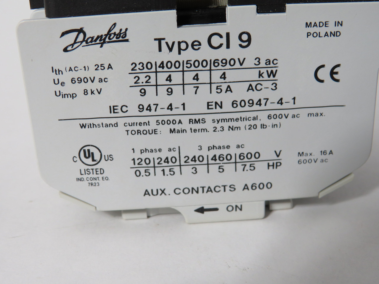 Danfoss 037H8001-66 CI9 Contactor 12VDC 9A 4kW 3NO 3 Pole NEW