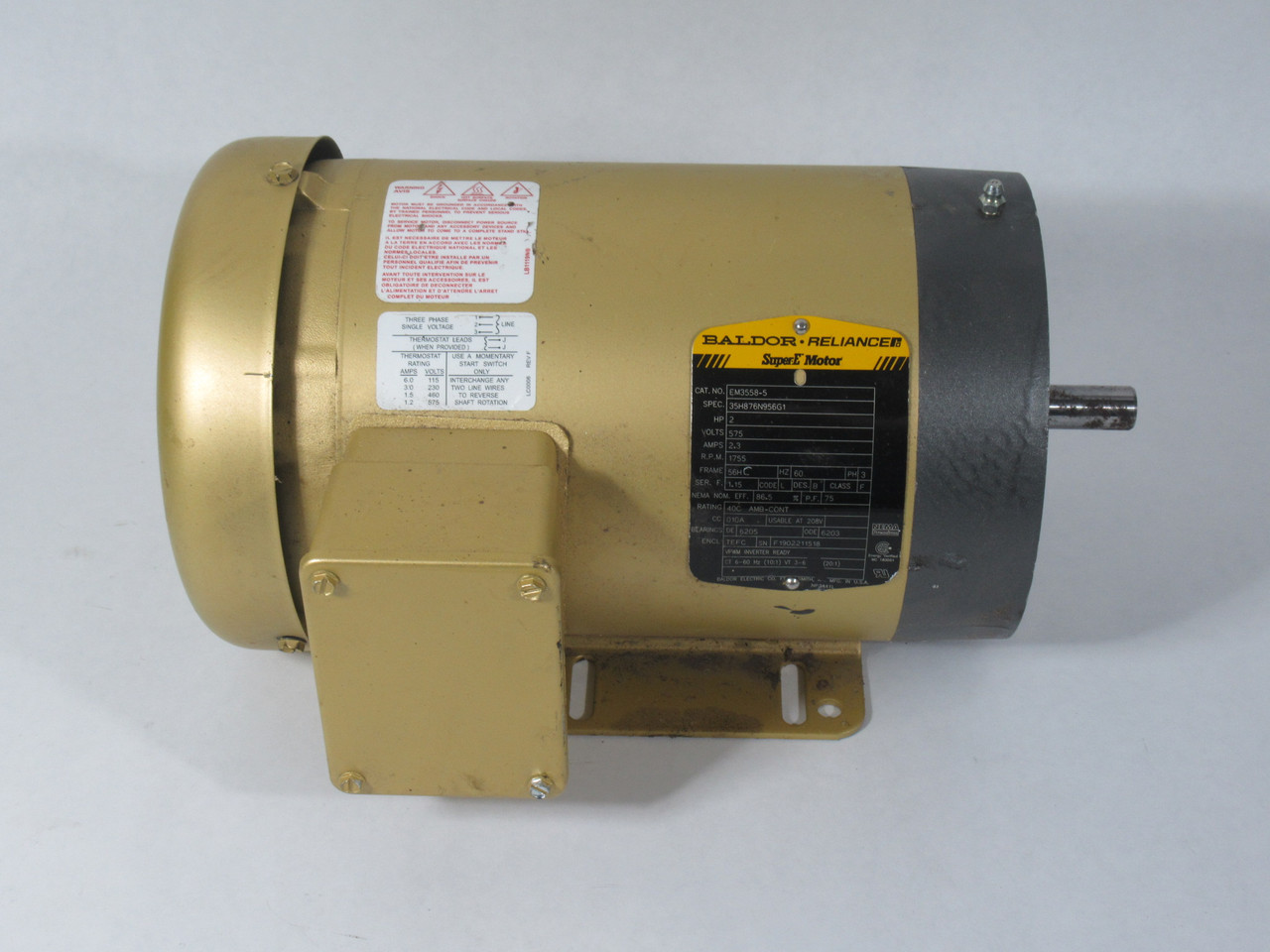 Baldor Reliance EM3558-5 2HP 1755RPM 575V 56H TEFC 3PH 2.3A 60Hz USED