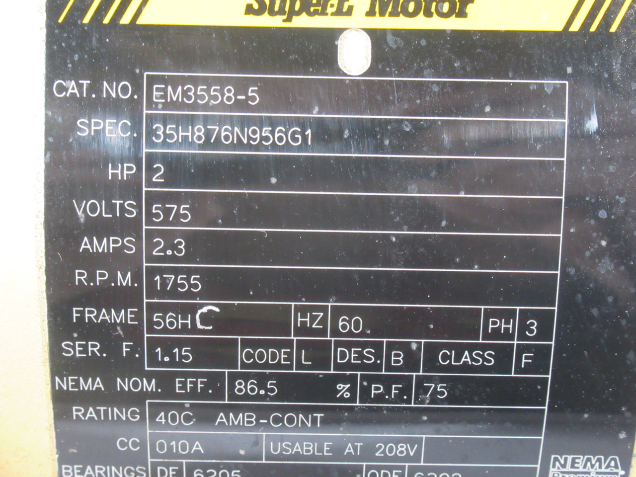 Baldor Reliance EM3558-5 2HP 1755RPM 575V 56H TEFC 3PH 2.3A 60Hz USED