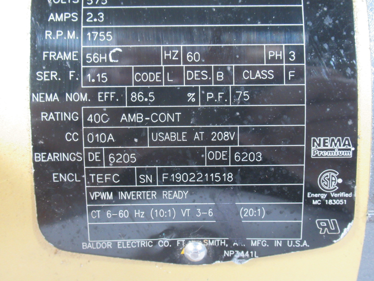 Baldor Reliance EM3558-5 2HP 1755RPM 575V 56H TEFC 3PH 2.3A 60Hz USED