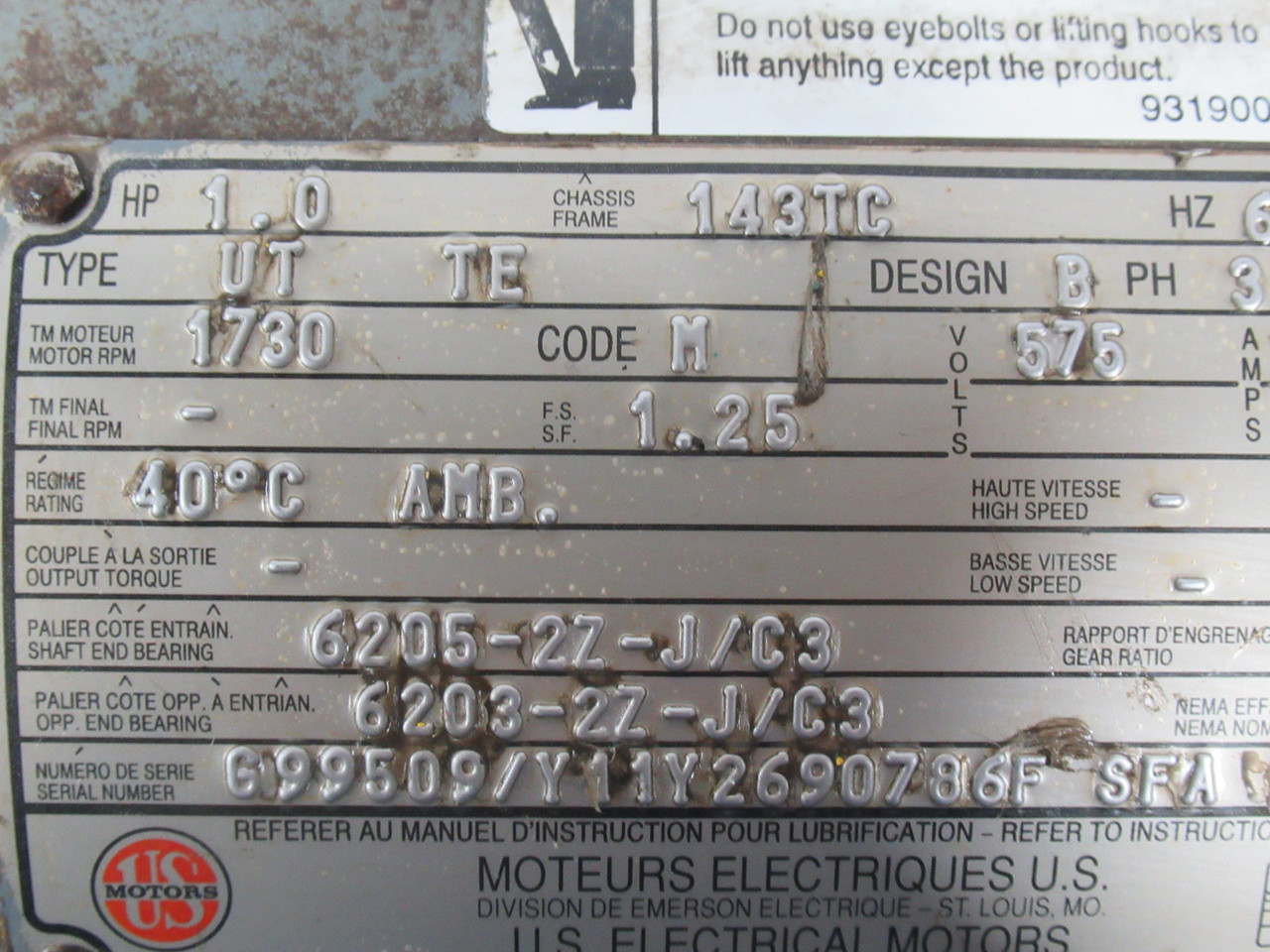 US Motors 1HP 1730RPM 575V 143TC UT TE 3PH 1.4A 60Hz C/W Brake USED