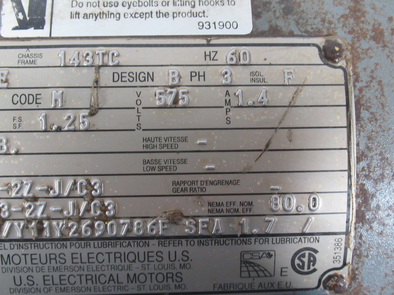 US Motors 1HP 1730RPM 575V 143TC UT TE 3PH 1.4A 60Hz C/W Brake USED