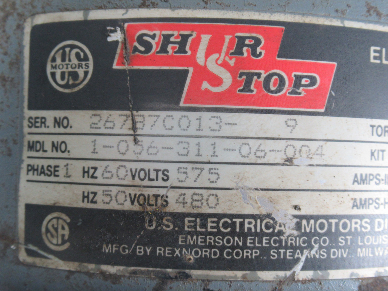 US Motors 1HP 1730RPM 575V 143TC UT TE 3PH 1.4A 60Hz C/W Brake USED