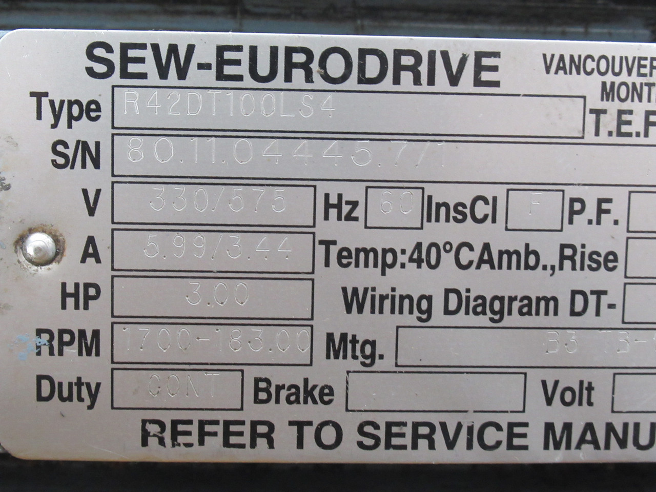 Sew-Eurodrive AC Gearmotor 9.4:1 3HP 1700-183RPM 330/575V TEFC RUST USED