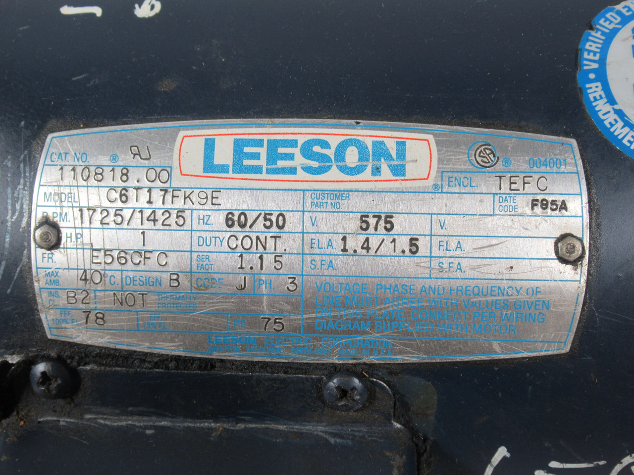 Leeson 1HP 1725/1425RPM 575V E56CFC TEFC 3Ph 1.4/1.5A 60Hz USED