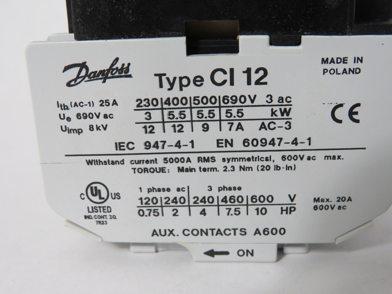 Danfoss 037H0031-28 CI 12 Contactor 208-230V 60Hz 12A 3NO SHELF WEARNOP