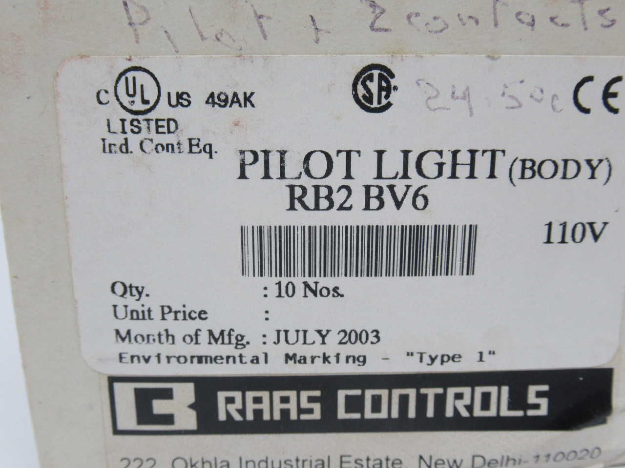 Raas Controls RB2-BV6 Pilot Light Body 130V 2.6W 110V BOX DAMAGE 10-Pack NEW