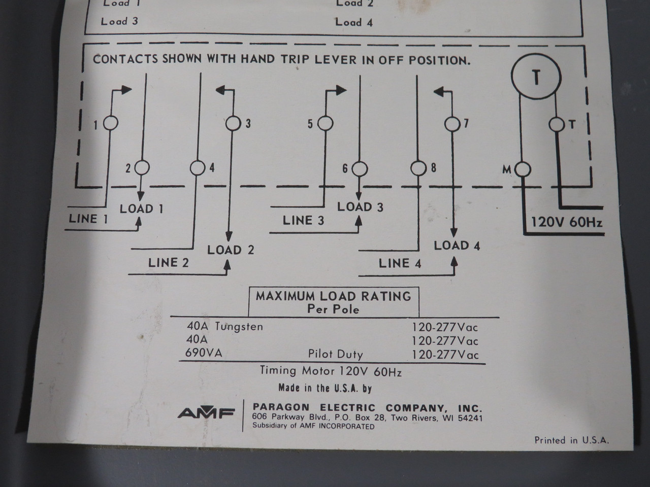 AMF Paragon 7007-00 Mechanical Time Switch 7-Day ON/OFF 40A 120-277V USED