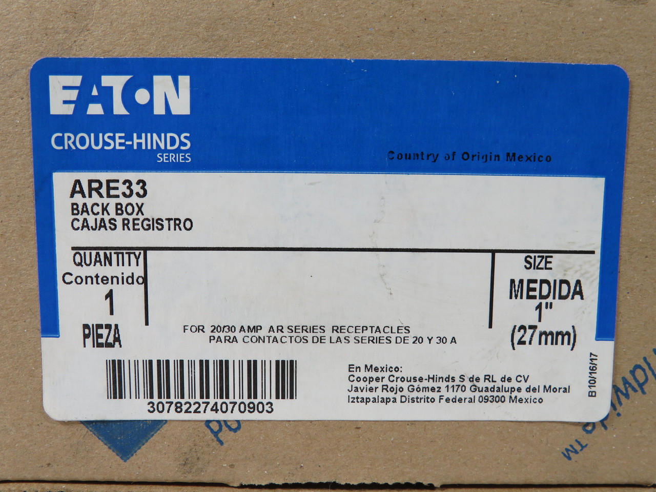 Eaton Crouse-Hinds ARE33 Back Box for 20/30A AR Receptacle 1 Hub 1" SEALED NEW