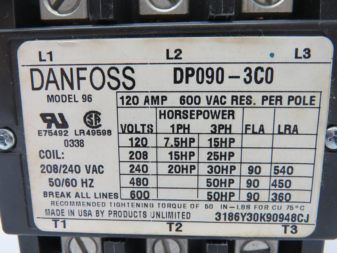 Danfoss DP090-3C0 Magnetic Contactor 208/240VAC 50/60Hz 90FLA BOX DAMAGE NEW